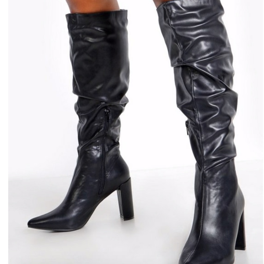 Block Heel Rouched Knee Boots
